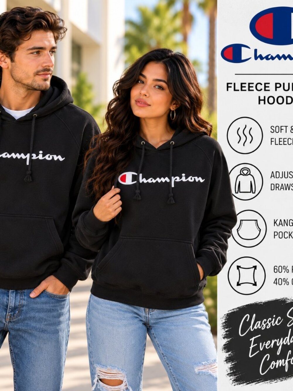 Champion Fleece Pullover Hoodie Medium Black Script Logo Kangaroo Pocket NWT